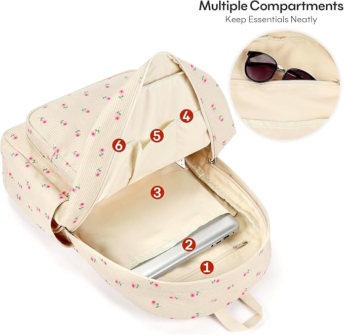 mibasies School Backpack for Girls with Laptop Sleeve: 18IN Large Capacity Corduroy Bookbag for Primary Middle School/College, Travel Daypack for Teens Women - Beige Rose