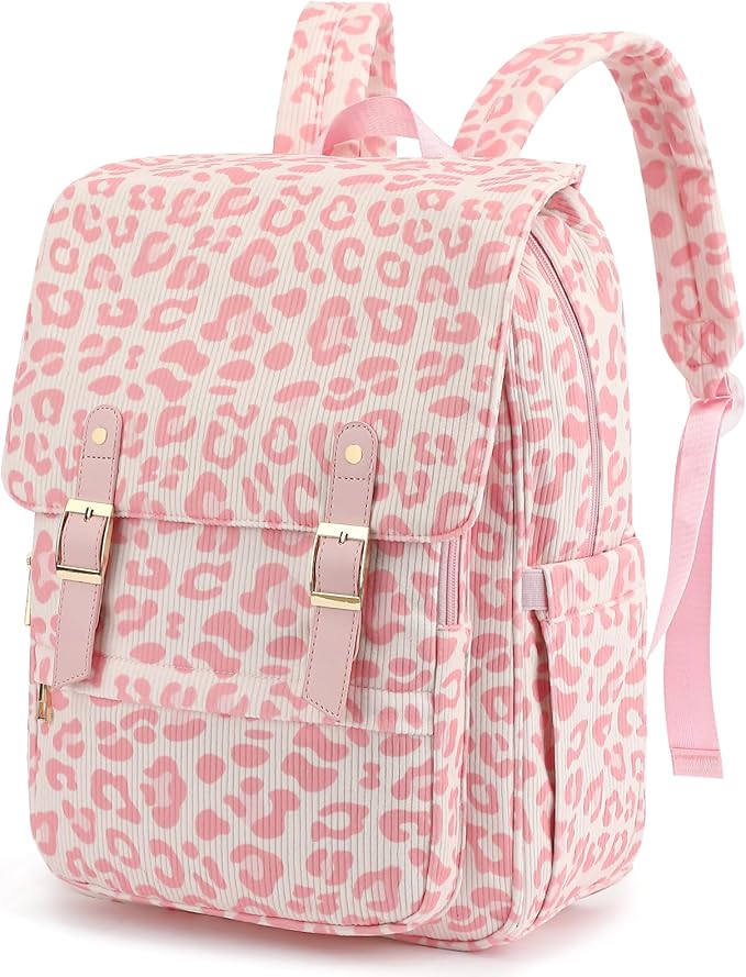 Women Laptop Backpack, Corduroy 15.6" Travel Backpack for Work College Business, Teacher Nurse Bag with Large Capacity School Bookbag Bags for Girls - Leopard Pink