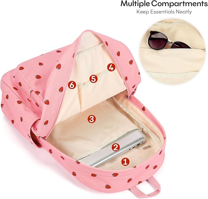 mibasies School Backpack for Girls with Laptop Sleeve: 18IN Large Capacity Corduroy Bookbag for Primary Middle School/College, Travel Daypack for Teens Women - Red Strawberry