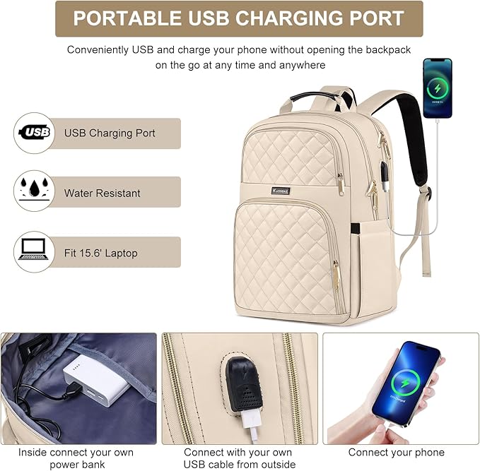 Backpacks for Women, School Backpack for Teen Girls, 15.6 Inch Cute Quilted Laptop Backpack with USB Charging, Large Bookbag for Middle School College Students,Beige
