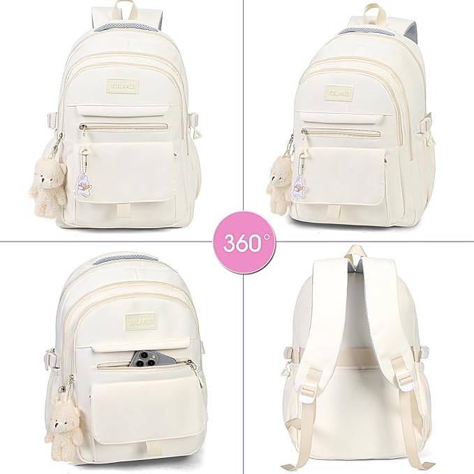 Girls Backpack for College High Middle School Student, Cute Aesthetic Bookbag for Teens Women with Accessories,Beige