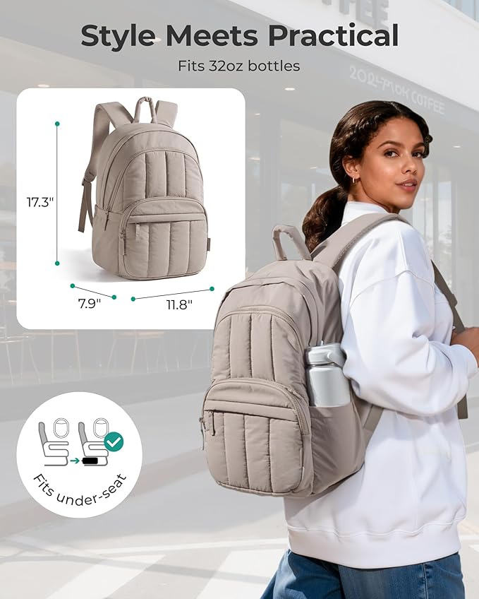 BAGSMART Womens Backpack Travel Laptop Backpack for Women, Quilted College Laptop Bookbag, Work Back Pack for Women, Cute Computer Water-Resistant Casual Daypack, Puffer Rose Purple