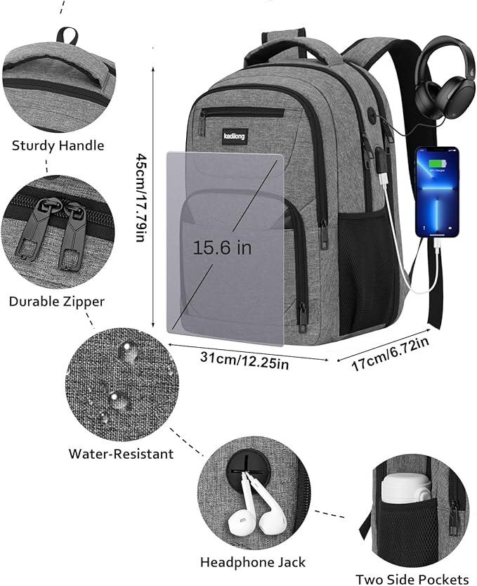 Business Laptop Backpack for Men, 15.6 Inch Travel Laptop Bag Back Pack with USB Charging Port, Water Resistant Bookbag Computer Backpack for Work College, Dark Grey