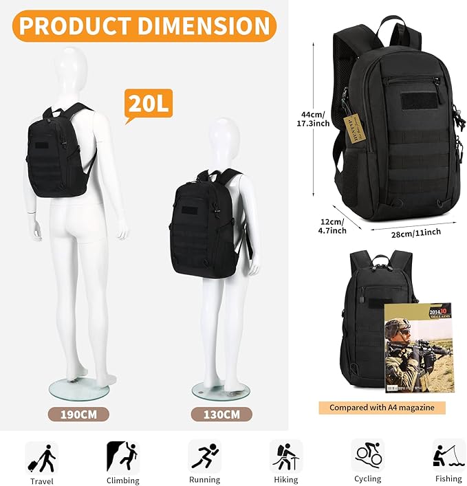 HUNTVP 20L Tactical Backpack Military MOLLE Backpack Daypack Rucksack Gear Tactical Assault Pack Bag for Hunting Camping Trekking(20L-Black)