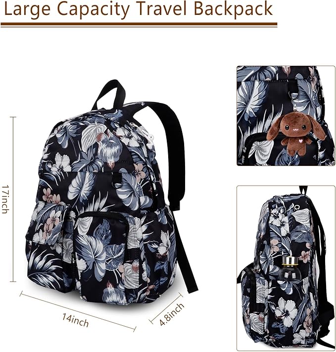 Women's Water-resistant Daypack Backpack, 15.6 Inch Laptop Compartment & Anti-Theft Pocket, Adjustable Padded Straps for Commuting, Travel, Work, College, Hawaii Flower