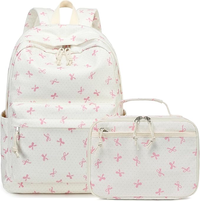 LEDAOU Backpack for Girls Kids Backpack with Lunch Box Preschool Kindergarten Elementary BookBag Primary School Bag Set (Pink bow)