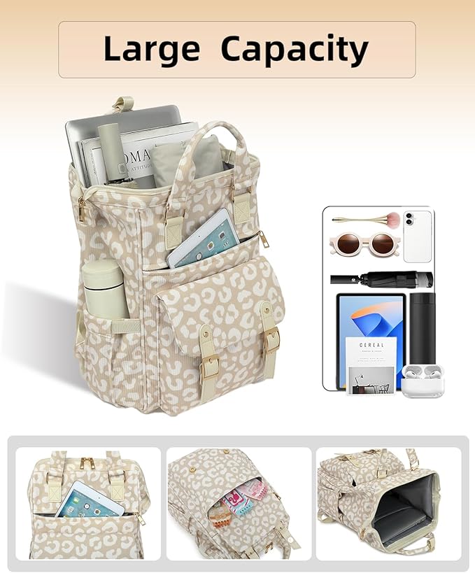 Laptop Backpacks for Women, Corduroy High School College Bookbag 15.6 Inch Laptop Bags for Girls Travel Daypack - Leopard Brown