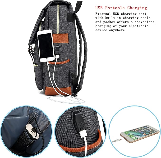 UGRACE Vintage Laptop Backpack with USB Charging Port, Elegant Water Resistant Travelling Casual Daypacks College Shoulder Bag for Men Women, Fits up to 15.6Inch Laptop in Black