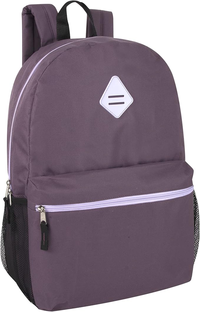 Large School Backpacks with Mesh Side Pockets – Classic 19 Inch Solid Color Backpacks for Kids, Men, Women, Travel (Purple & Lilac)