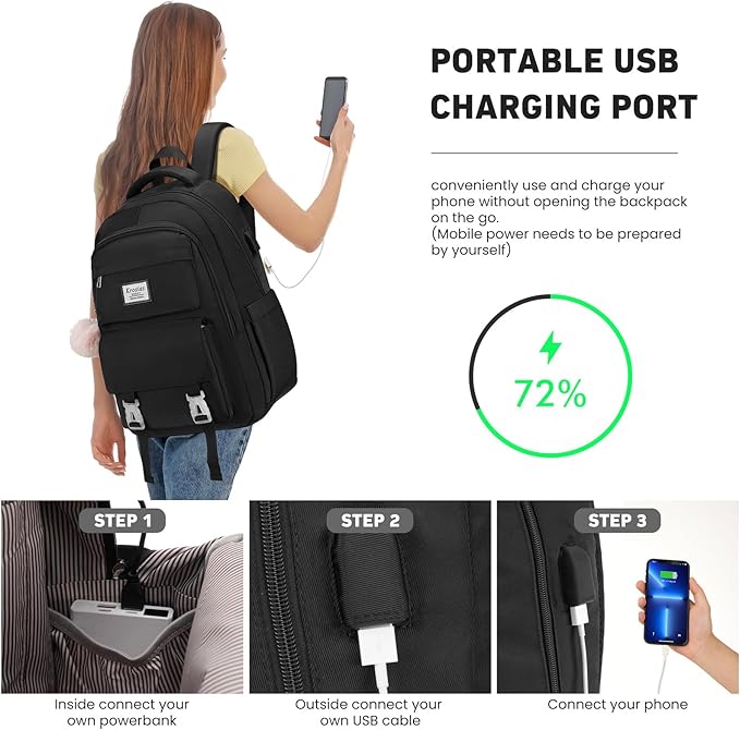 School Backpack for Girls Teens, Cute Aesthetic College Backpacks Large 15.6 Inch Laptop Bag Preppy Bookbag for Women Students Travel (Black)