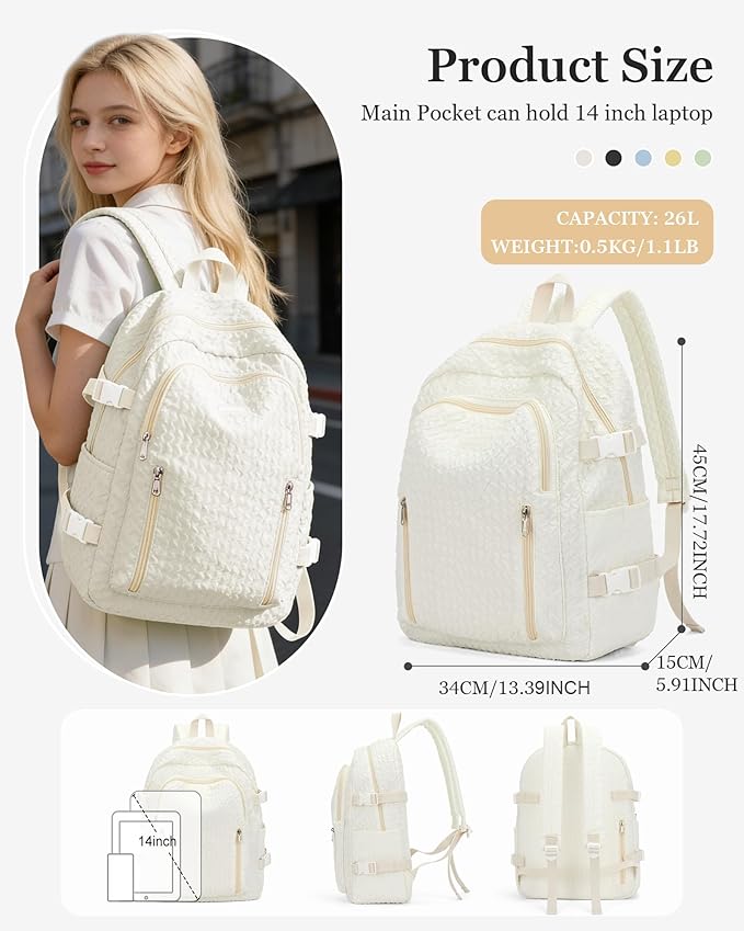 weradar Lightweight Middle School Bag For Teens Girls,Kawaii Backpack For College Students,Aesthetic Bookbag For Women,Cute School Backpack For Women Casual Daypack(Beige)