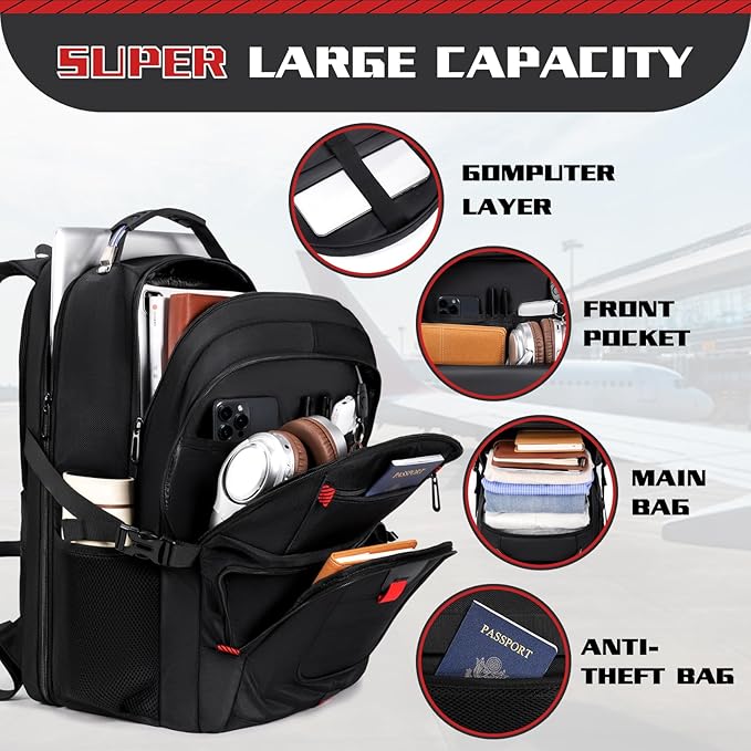 Extra Large 55L Travel Backpack, 18 inch Laptop Bag for Men, TSA Approved Heavy Duty with Charging Port, Anti Theft Rucksack for Business Work College, Black