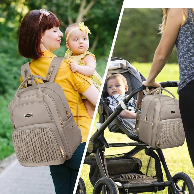 Diaper Bag Backpack - Extra Large Diaper Bag for Two Kids Twins (Expandable 30-38L) - Travel Baby Backpack with Changing Pad for Mom Dad (Quilted, Water Resistant, Brown Taupe)