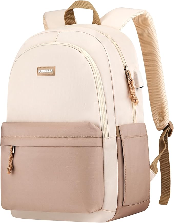 School Backpack for Teens Girls, Cute Student Bookbag Large 17.3 Inch Laptop Bag Aesthetic College Backpacks for Women High School Travel (Khaki Beige)
