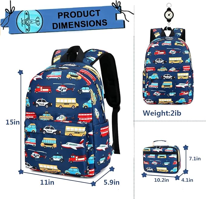 LEDAOU Kids School Backpack with Lunch Box for Boy Girl Toddler BookBag School Bag Preschool Kindergarten Backpack (Navy Blue-Airplane Pattern)