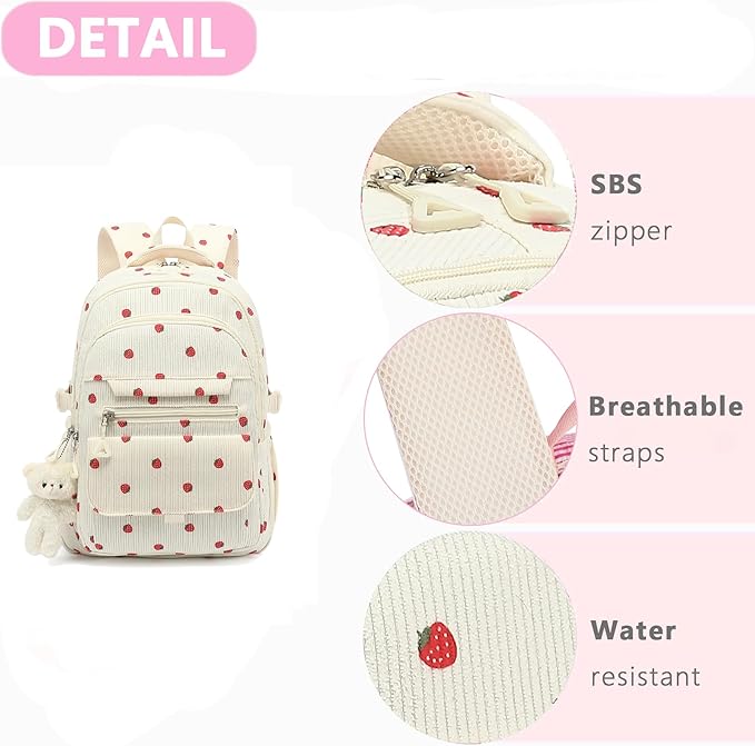 Girls Backpack for College High Middle School Student, Cute Aesthetic Bookbag for Teens Women with Accessories, Beige Strawberry