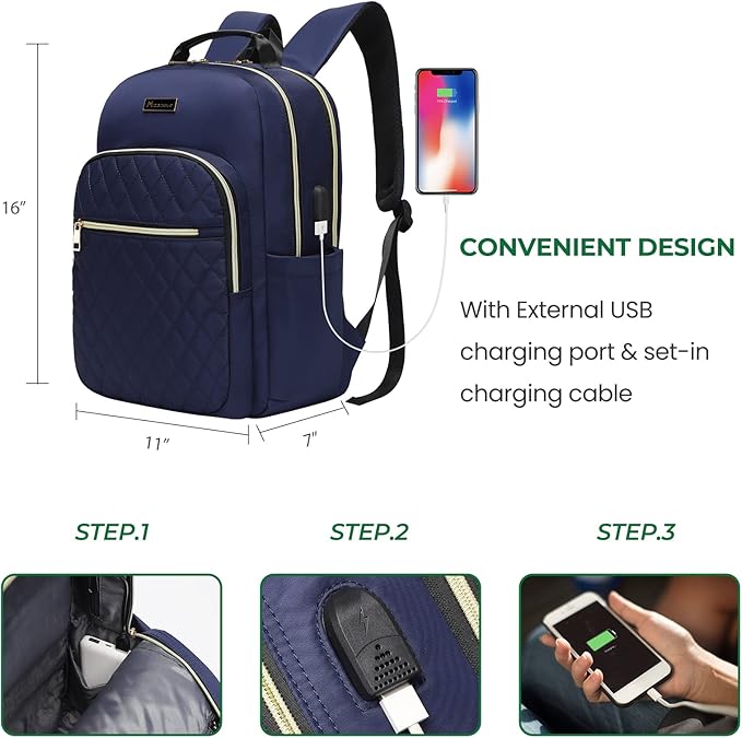 Modoker Eco-Friendly 15.6 Inch Laptop Backpack, Quilted Work Backpack for Women Bookbag Teacher Backpack with USB Charging Port, Travel Backpack Purse for Women Nurse, Blue