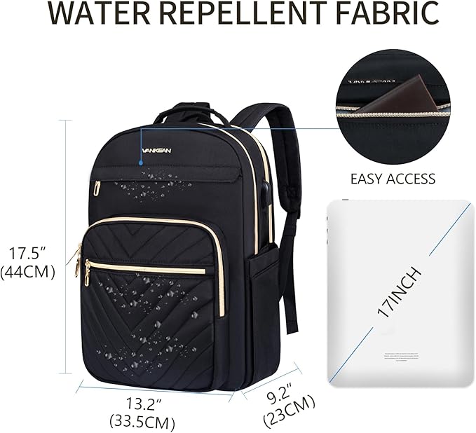 VANKEAN 17.3 Inch Laptop Backpack for Women Men Work Laptop Bag Fashion with USB Port, Waterproof Backpacks Nurse Stylish Travel Bags Casual Daypacks for College, Business, Black