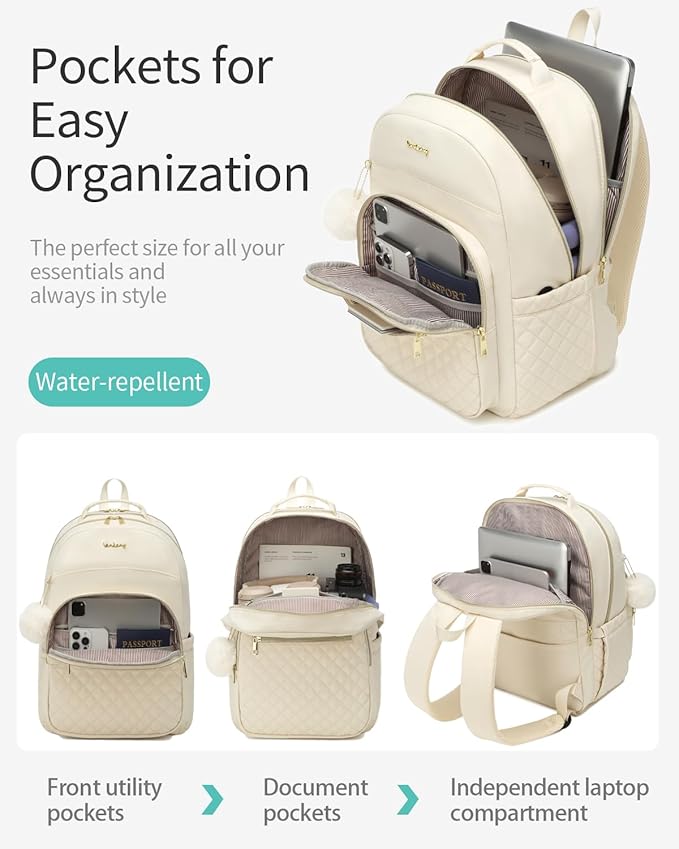 Travel Laptop Backpack Women, Water Resistant Bookbag Schoolbag with Charging Hole for Teen Girls College Students Work Bag, Beige