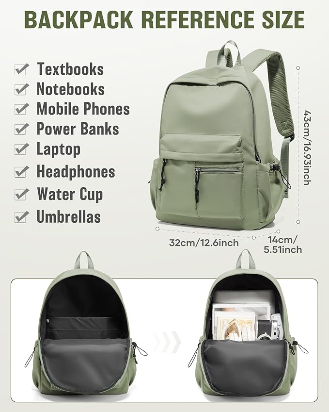 School Backpack for Girls Boys Bookbag Cute Aesthetic College Backpack Women Middle High School Teen Students Book Bag Lightweight Gym Work Laptop Casual Daypack Backpacks Men Green