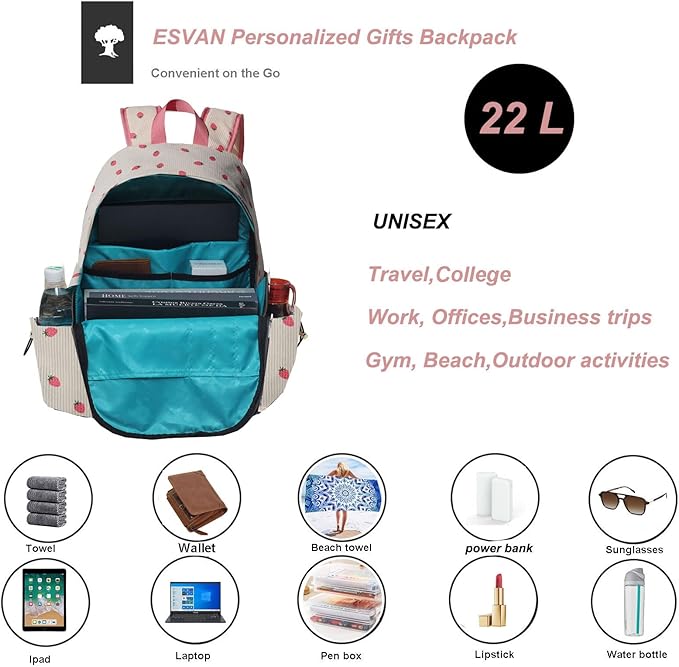 ESVAN Corduroy Backpack Lightweight Fashion 17 inch Laptop Bag for Women Casual College (Corduroy Pink strawberry)