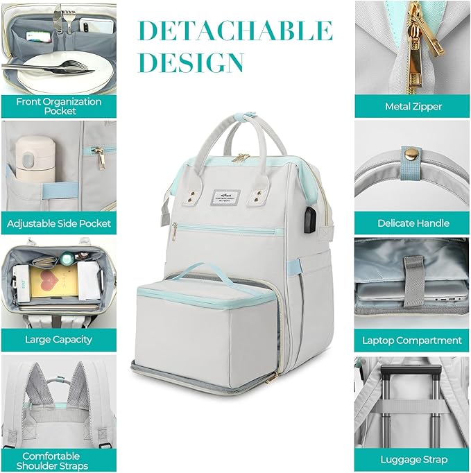 ETRONIK Lunch Backpack, 15.6 Inch Laptop Backpack with USB Port, Stylish Nurse, Teacher Work Bag with Insulated Cooler Lunch Box for Women Men, College Backpack for Travel, Grey Blue | with USB Port, Stylish, Nurse, Teacher, Work Bag