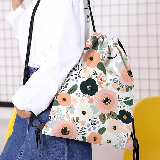 Drawstring Backpack Draw String Bag Waterproof for Sports Gym Beach Travel Cute Aesthetic Sackpack Men Women (13"×17")-Floral