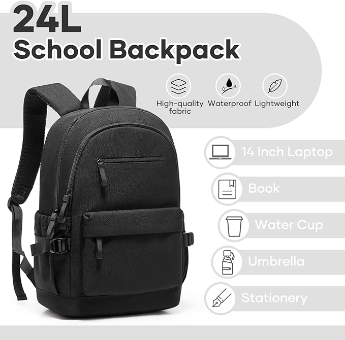 School Bag, Water Resistant School Backpack for Teen Girls Boys, 14 Inch Laptop Backpack for Women Men, Durable Lightweight Bookbag for Middle High School & College, Travel Daypack, Black