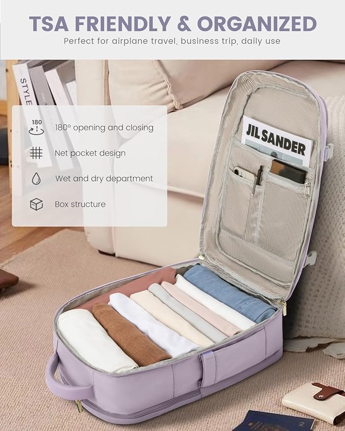 LOVEVOOK Travel Backpack For Women, 40L Carry On Backpack Flight Approved, TSA Personal Item Travel Bag Fits 17 Inch Laptop, Business Weekender Overnight Waterproof Daypack With 2 Cubes, Light Purple