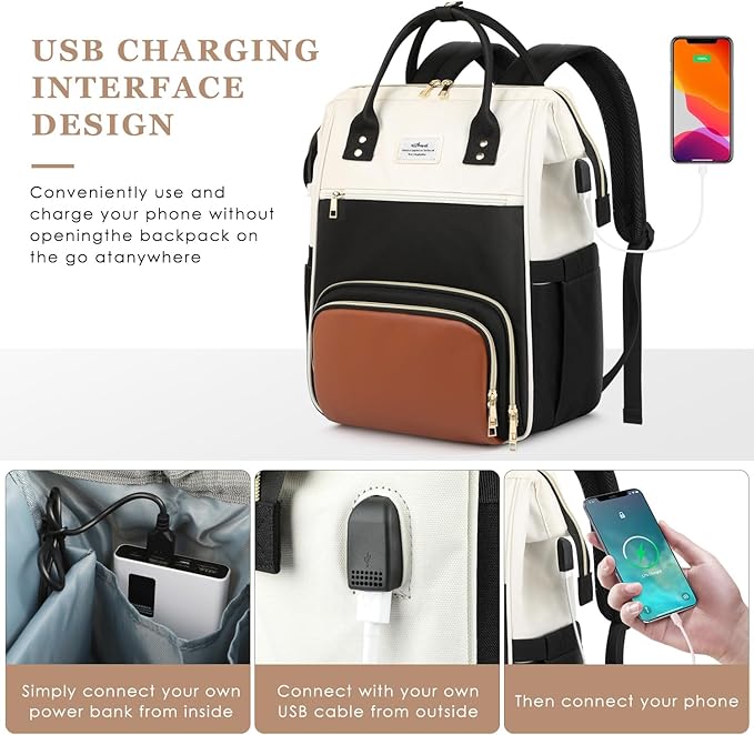 ETRONIK Lunch Backpack, 17.3 Inch Laptop Backpack with USB Port, Stylish Nurse, Teacher Work Bag with Insulated Cooler Lunch Box for Women Men/Travel, Black-Beige-Brown