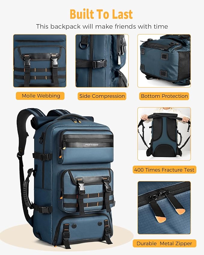 Travel Backpack for Men, 50L Carry On Flight Approved Convertible Duffle Bag with Shoe Compartment, 17 inch Laptop Luggage with USB Charging Port for Weekender Hiking, Blue