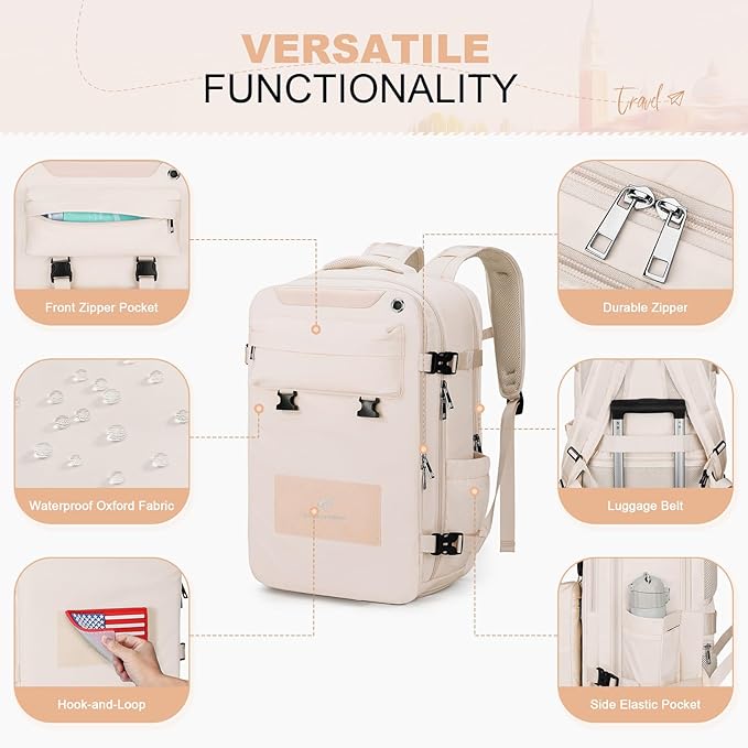 Maelstrom Travel Backpack for Women Men,35L Laptop Backpack Fits 17-Inch Laptop,Carry On Backpack for Airplanes with Crossbody Bag&Shoe Compartment&Toiletry Bag (Beige, Large)