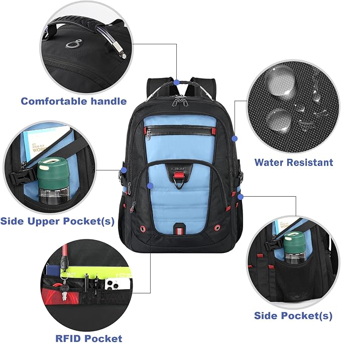 Z-MGKISS Big Backpack for Travel, 52L Large Anti-Theft Computer Backpack for Women Men, Heavy Duty Laptop Bag 17.3 Inch with USB Port, College Business Work Daypack, Lake Blue