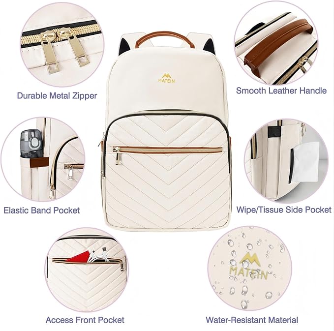 MATEIN Lightweight Quilted Laptop Backpack for Women, 15.6 Inch Slim Design Laptop Backpack with Leather Handles, Fashion Teacher Nurse Bag, Perfect for Work and Commute, Beige