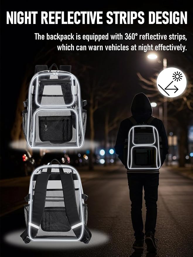 Large Clear Backpack Heavy Duty, 17 inch Clear Bookbag for Boys Girls Women Men, See Through Transparent Backpack With All-Around Reflective Strips for College Work Travel,Black