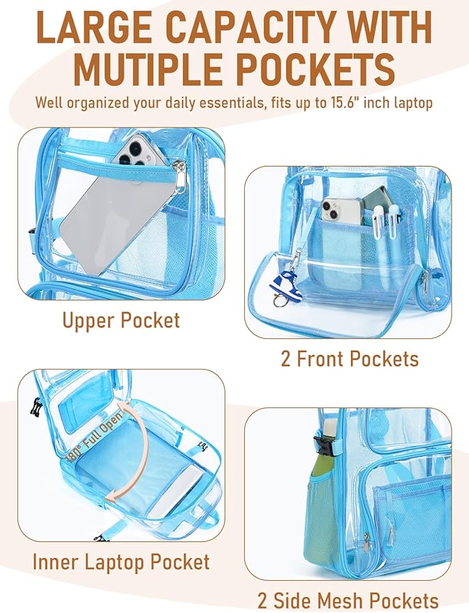 Large Clear Backpack Heavy Duty, 17 inch Clear Bookbag for Boys Girls Women Men, See Through Transparent Backpack With All-Around Reflective Strips for College Work,Light Blue
