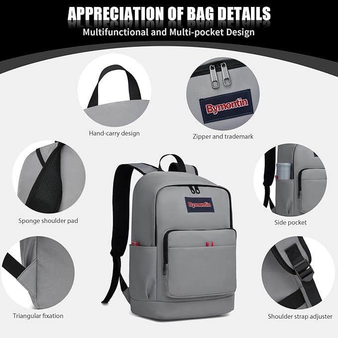 Classic Casual Backpack, Lightweight Daypack with 10 Pockets, Laptop Compartment, EVA Foam Pad (Grey)