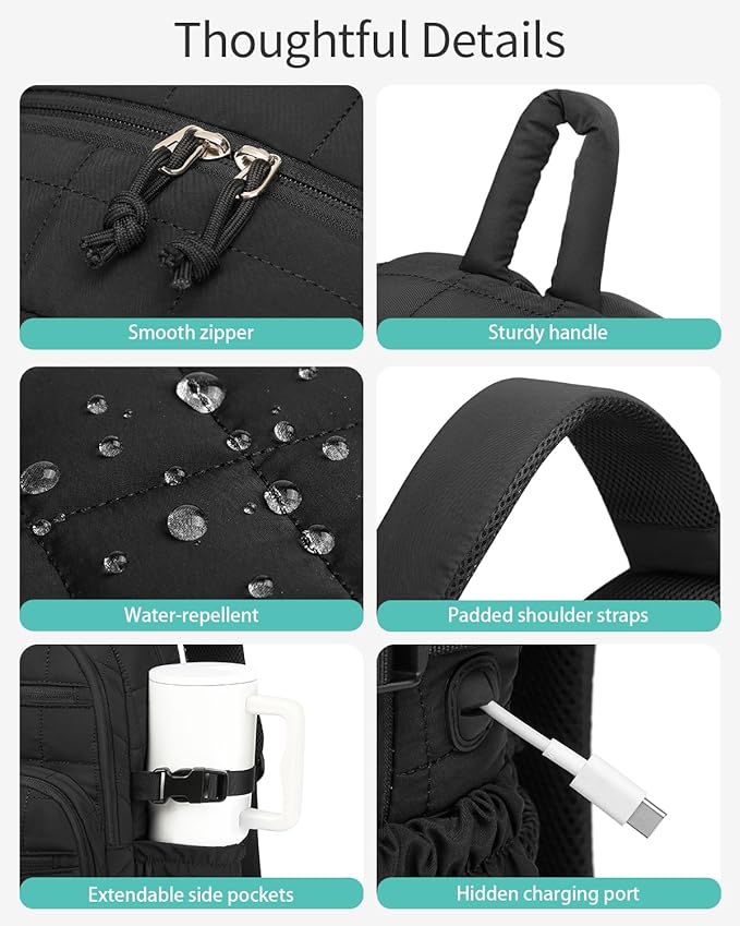 Quilted Laptop Backpack for Women, College Bookbag with Tumbler Holder Pocket for Nurse Teacher Work Travel, Puffer School Backpack for Teen Girls Big Student, Black