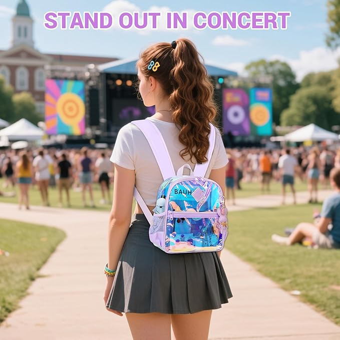 Clear Backpack for Stadium Events Approved 12×6×12, Thick TPU Mini Clear Bag with Front Pocket for Concert Sport Events Work Travel, Purple Iridescent