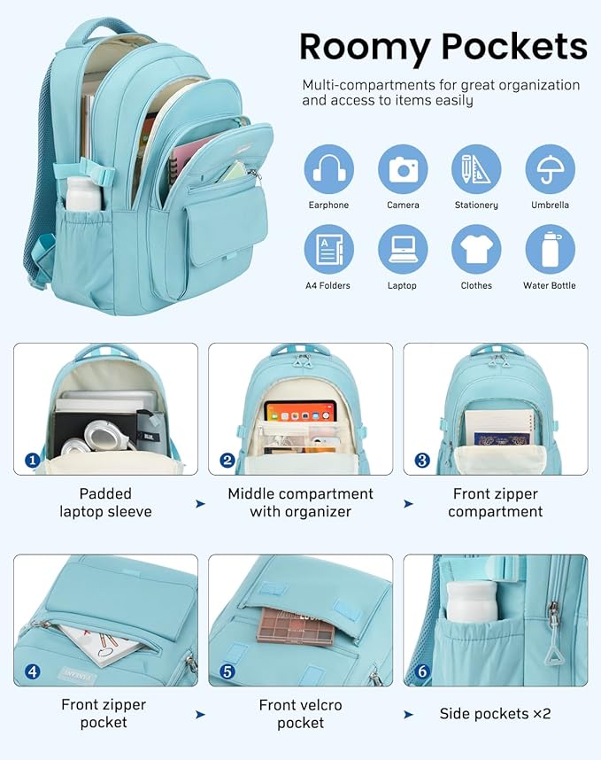 Teen Girls School Backpack, Aesthetic Bookbag for Middle High School, College Women Students Laptop Backpack Mochilas Escolares, Blue