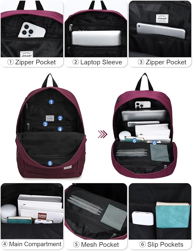 RAVUO School Backpack for Women | Classic College Bookbag for 15.6 inch Laptop, Water Resistant Daypack for Highschool Travel, Burgundy