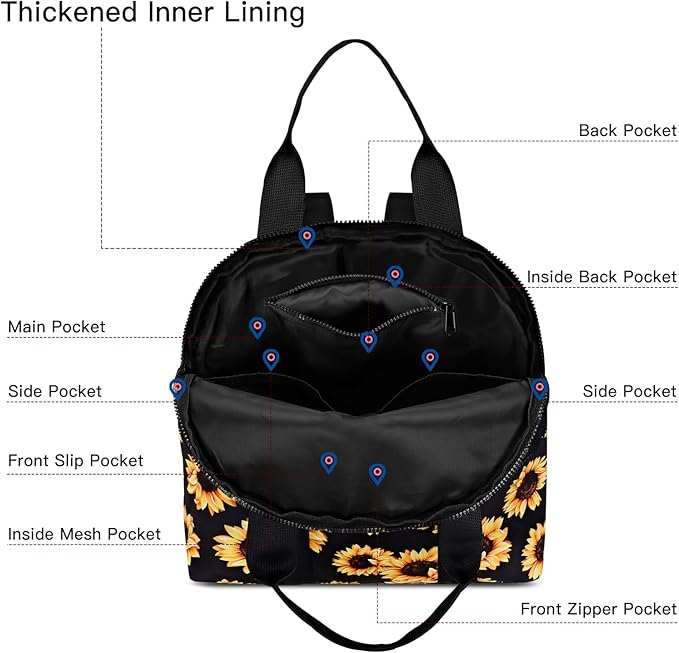 Women’s Backpack Purse Medium Size with Trolley Sleeve, Adjustable Strap/Top Handle, Water Resistant Travel Daypack, Sunflower