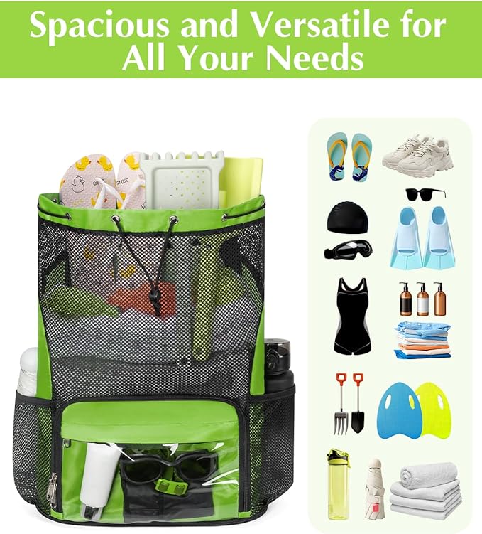 Drawstring Backpack Sandproof Beach Backpack with Shoe Compartment & Wet Pocket Waterproof Mesh Swim Bag Pool Bag for Gym, Travel and Workout Gear (Mint Green)
