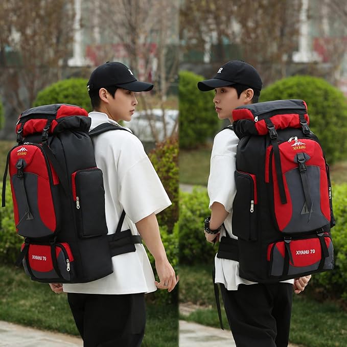 Lawaia 70L Hiking Backpack Large Camping Pack Backpacking Bag Rucking Backpacks Outdoor Trekking Travel Rucksack for Men Women-Red