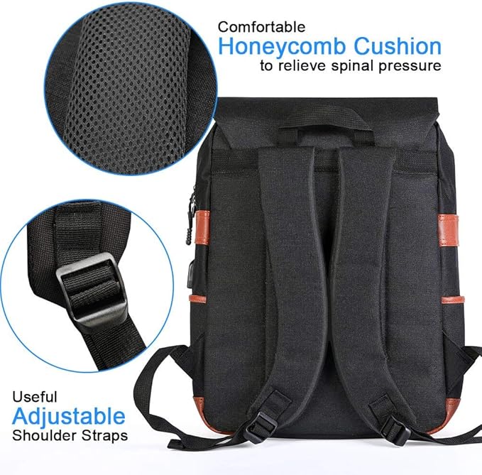 Modoker Eco-Friendly Vintage Laptop Backpack for Women Men,Travel Backpacks with USB Charging Port Fashion Backpack Fits 15.6Inch Notebook, Black