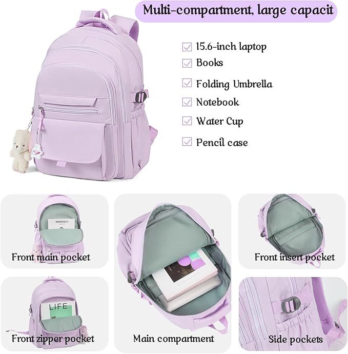 Girls Backpack for College High Middle School Student, Cute Aesthetic Bookbag for Teens Women with Accessories，Purple