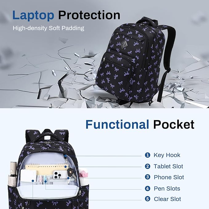 Girls Backpack, Lightweight School Backpack Multiple-pocket College Bookbag for Teen Girls Travel Backpack with Luggage Strap for Women, Black with Purple Bow
