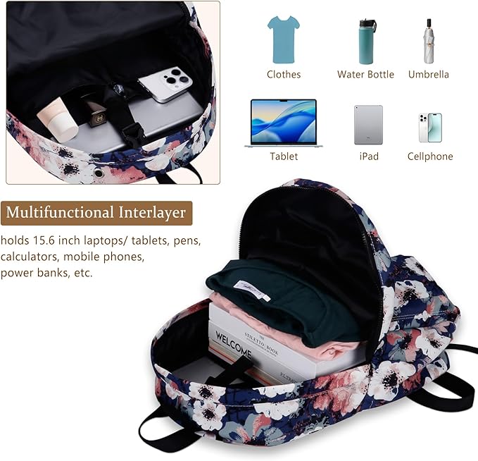 Women's Water-resistant Daypack Backpack, 15.6 Inch Laptop Compartment & Anti-Theft Pocket, Adjustable Padded Straps for Commuting, Travel, Work, College, Anemone