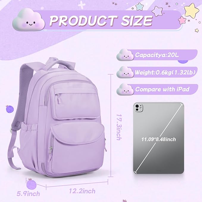 Cute Backpack For School Teens Girls, Aesthetic Kids Elementary School Backpacks, Waterproof Middle Students Bookbag, Large Capacity Backpack For College Women Men (Purple)