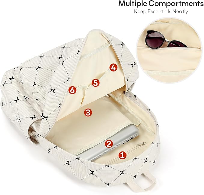 mibasies School Backpack for Girls with Laptop Sleeve: 18IN Large Capacity Corduroy Bookbag for Primary Middle School/College, Travel Daypack for Teens Women - Beige Bow